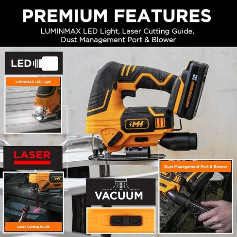 منشار كهربائي لاسلكي 20 فولت من MOTORHEAD، ليثيوم أيون، LED، دليل ليزر وحافة، 0-45 درجة شطبة 80 بوصة، 2700 دورة في الدقيقة، سرعة متغيرة، بطارية 2 أمبير، شاحن، حقيبة، 3 شفرات، مقرها الولايات المتحدة الأمريكية (MH-) 03-شبيبة-B1-0-2) in Kuwait