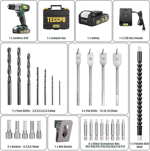 تي سي بو طقم مثقاب كهربائي لاسلكي مكون من 63 قطعة، مثقاب 310 باوند بسرعتين، اعداد عزم دوران 21+1، بطارية 2.0 امبير وشاحن سريع، مجموعة ادوات مع مثقاب، مجموعة ادوات مثقاب للمنزل العام in Kuwait