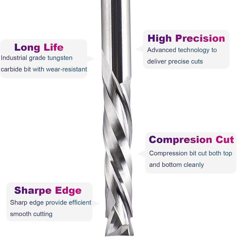 SpeTool Spiral Compression Router Bits 1/4" Shank,1-1/4Inch Cutting Length, Extra Long 3 Inch OVL,Carbide UP Down CNC Router Bits End Mill for Wood Mortises Carving Engraving in Saudi Arabia