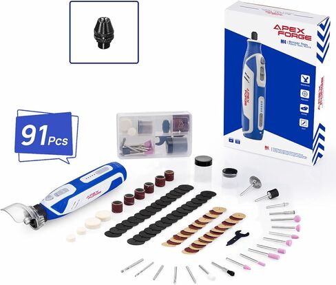 أداة دوارة لاسلكية APEXFORGE M4، بطارية قابلة لإعادة الشحن 4 فولت 2.0 أمبير، ظرف بدون مفتاح، 5 سرعات 25000 دورة في الدقيقة، شحن USB-C، 91 قطعة ملحقات، درع واقي، مثالية للصنفرة/النحت/الطحن والمزيد in Kuwait