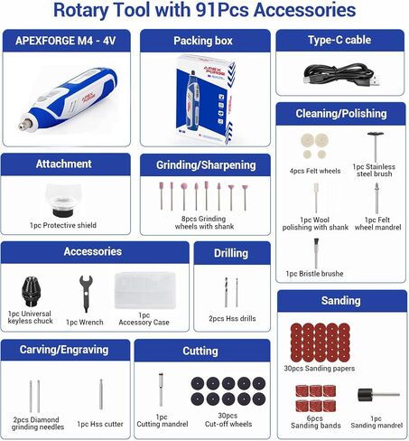 أداة دوارة لاسلكية APEXFORGE M4، بطارية قابلة لإعادة الشحن 4 فولت 2.0 أمبير، ظرف بدون مفتاح، 5 سرعات 25000 دورة في الدقيقة، شحن USB-C، 91 قطعة ملحقات، درع واقي، مثالية للصنفرة/النحت/الطحن والمزيد in Kuwait