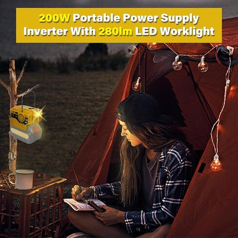 محول طاقة 200 واط لبطارية ديوالت 18 فولت/20 فولت/60 فولت، محول بطارية مع مخرج تيار متردد 110 فولت ~ 120 فولت، منفذ USB ونوع C، ضوء LED 280 لومن، مصدر طاقة للتخييم في الهواء الطلق والسفر في حالات الطوارئ (الأداة فقط) in Kuwait