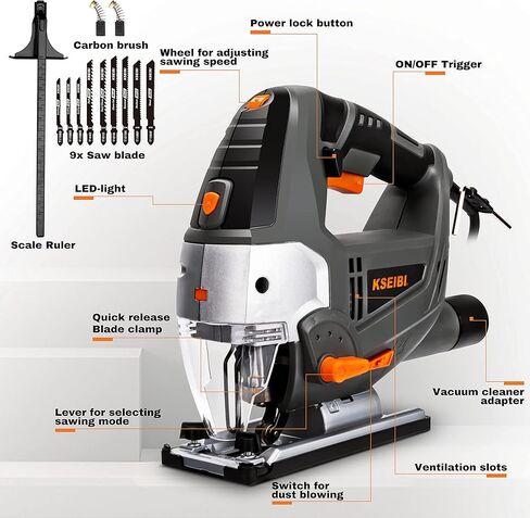 KSEIBI 714011 Jig Saw أداة آلة كهربائية سلكية 6.5A، مع ليزر وLED، 6 سرعات متغيرة، 9 شفرات خالية من الأدوات، ±45 درجة قطع مشطوف ومستقيم، 4 إعدادات مدارية، وسلك 8 أقدام - KST 110V in Kuwait