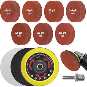 Toovem [ 74Pcs 5 Inch ] Angle Grinder Sanding Disc, Hook and Loop Backing Pad with Sanding Discs and Foam Buffering Pads, Angle Grinder Attachments with 5/8-11 Threads 40 80 120 240 320 600 800 Grits