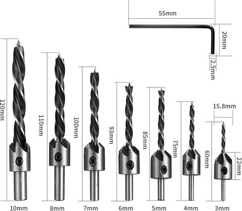 JuWangYing 7 قطع مجموعة لقم الثقب الغاطسة، لقم حوض مضادة، لقم حوض عداد من الفولاذ عالي الكربون لأعمال النجارة ومخرطة الثقب، مع 1 × مفتاح ربط سداسي in Kuwait