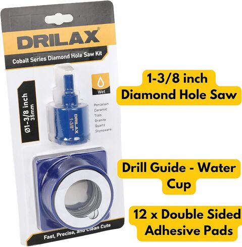 1-3/8 inch Diamond Hole Saw with Water Delivery System Guide for Quartz, Granite, Marble, Porcelain, Ceramic, Glass Tiles Includes Water Holding Guide 12 Pcs Double Sided Adhesive Pads for Locating in Saudi Arabia