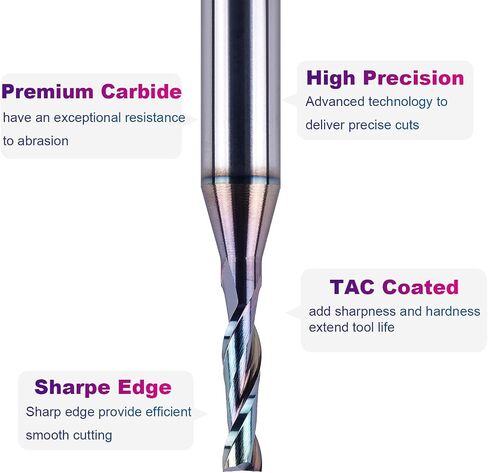 SpeTool 1/8 بوصة Upcut CNC Router Bits 1/4 بوصة عرقوب مع طلاء طويل جدًا، طول القطع 1/2 بوصة 2 بوصة OVL Solide Carbide End Mill Slot Wood Carving Tool in Saudi Arabia