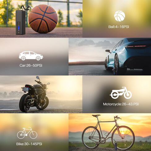 منفاخ إطارات محمول - ضاغط هواء لاسلكي بقوة 150 رطل لكل بوصة مربعة مع مقياس ضغط رقمي وإضاءة LED، ضاغط هواء محمول للسيارات وسيارات الدفع الرباعي والدراجات والدراجات النارية والكرات in Kuwait