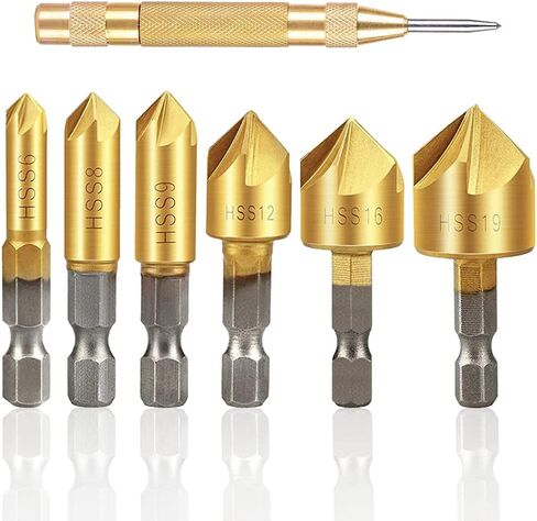 Kigauru 6 Pcs Countersink Drill Bit Set 1/4 Inch Hex Shank 90 Degree Sets High Speed Steel 5 Flute Countersink Bit Wood Quick Change Bit 6mm-19mm with 1 Pcs Automatic Center Punch Tool in Saudi Arabia