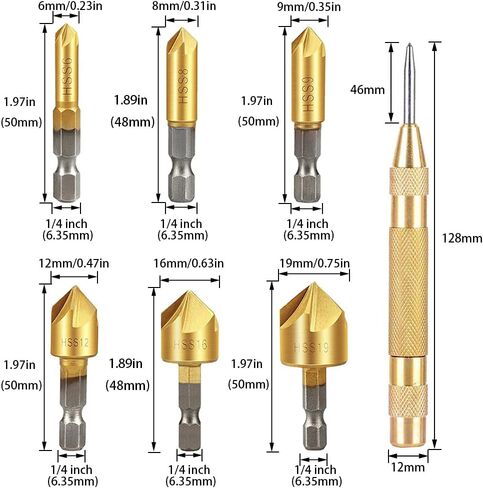 Kigauru 6 Pcs Countersink Drill Bit Set 1/4 Inch Hex Shank 90 Degree Sets High Speed Steel 5 Flute Countersink Bit Wood Quick Change Bit 6mm-19mm with 1 Pcs Automatic Center Punch Tool in Saudi Arabia