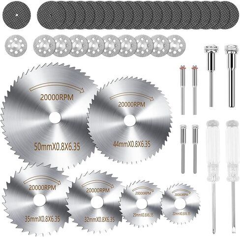 مجموعة عجلات القطع 44 قطعة للأداة الدوارة، وعجلات قطع الماس 10 قطع وعجلات قطع الراتنج 20 قطعة مع مماسك، وشفرات منشار دائري HSS 6 قطع مع ساق 1/8 بوصة ومفكين براغي in Kuwait