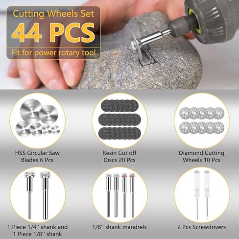 مجموعة عجلات القطع 44 قطعة للأداة الدوارة، وعجلات قطع الماس 10 قطع وعجلات قطع الراتنج 20 قطعة مع مماسك، وشفرات منشار دائري HSS 6 قطع مع ساق 1/8 بوصة ومفكين براغي in Kuwait