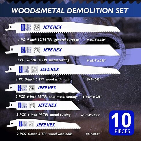 مجموعة شفرات المنشار الترددية المكونة من 10 قطع من JEFE HEX، مجموعة شفرات منشار الكوبالت ثنائية المعدن مقاس 6 إلى 9 بوصة، قطع معدنية شديدة التحمل، تقليم الخشب ومتعددة الأغراض in Kuwait