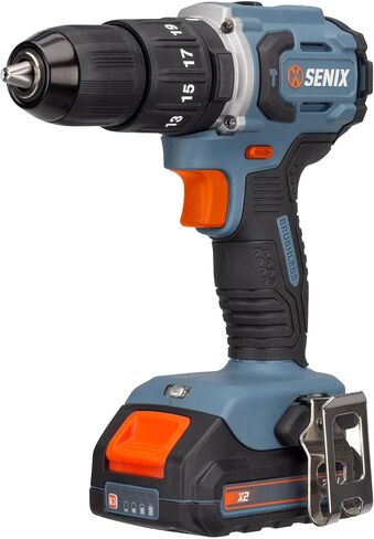 SENIX 20V Max* 1/2-Inch Brushless Hammer Drill/Driver, 45 Ft-Lbs of Max Torque, 2200RPM Max, 34,000 IPM Max, 19-Position Clutch, 2-Speed, Includes 2Ah Battery, 2A Charger and Soft Bag, PDHX2-M2, Blue in Kuwait