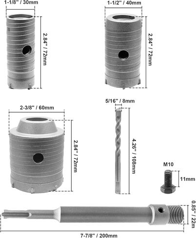 مجموعات منشار ثقب الخرسانة من Seimneire، منشار ثقب البناء 30/40/60 مم مع قضيب توصيل SDS بالإضافة إلى شانكس 200 مم و3 قطع لقم الثقب المركزي، قاطع ثقب الجدار من كربيد التنجستن للأسمنت الحجري والطوب الخرساني in Kuwait