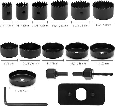 Jersvimc 16 Piece Hole Saw Kit with Mandrel Hex, 3/4"-5" Hole Cutter Set Round Hole Drill Bit Set for Wood Plastic Drywall PVC Corn in Kuwait