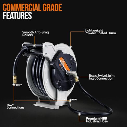 بكرة خرطوم الوقود سوبر هاندي قابلة للسحب 3/4 بوصة × 65 قدم 3/4 بوصة NPT بريميوم تجاري NBR خرطوم MAX 300PSI الثقيلة الثقيلة مدفوعة الربيع الصلب البناء المزدوج للبنزين / الهواء / الماء in Kuwait