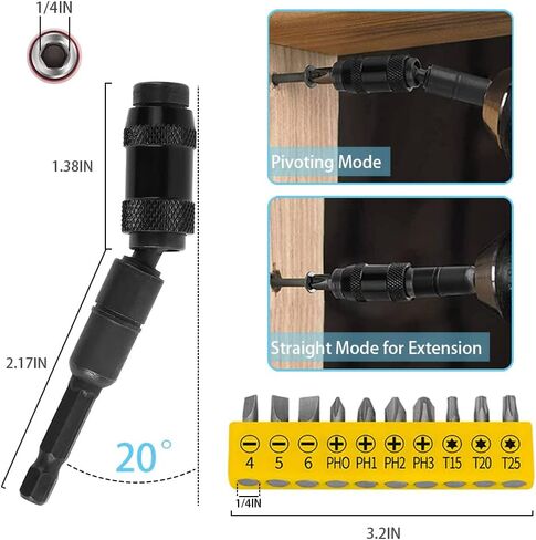 حامل رؤوس دوار مغناطيسي، 4 قطع، حامل رؤوس مثقاب مغناطيسي مرن للمساحات والزوايا الضيقة، حامل رأس رأس محوري 1/4 انش (يتم توفير عشر رؤوس مثقاب قابلة للتكيف) in Kuwait