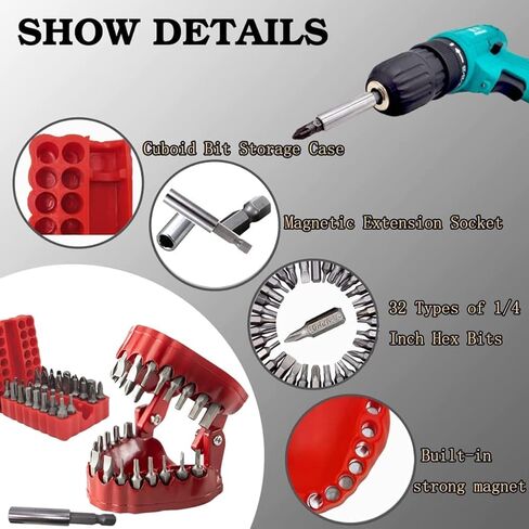 حامل لقم مثقاب كهربائي مع قاعدة مغناطيسية، حامل منظم لقم مفك الاسنان مع 32 قطعة من اللقم ومقبس تمديد مغناطيسي، يناسب لقم سداسية 1/4 انش، سهل التخزين والحمل in Kuwait