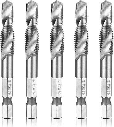M5x0.8 Metric HSS Drill and Tap Bit Set, 1/4" Hex Shank, 5Pcs | Fast 1-Step Drilling And Tapping In Wood, Plastic And Aluminum With Self-Centering Point; Wide Flutes For Easy Chip Remova in Saudi Arabia