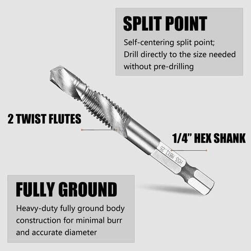 M5x0.8 Metric HSS Drill and Tap Bit Set, 1/4" Hex Shank, 5Pcs | Fast 1-Step Drilling And Tapping In Wood, Plastic And Aluminum With Self-Centering Point; Wide Flutes For Easy Chip Remova in Saudi Arabia