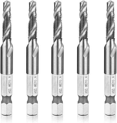 M5x0.8 Metric HSS Drill and Tap Bit Set, 1/4" Hex Shank, 5Pcs | Fast 1-Step Drilling And Tapping In Wood, Plastic And Aluminum With Self-Centering Point; Wide Flutes For Easy Chip Remova in Saudi Arabia