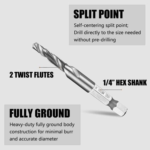 M5x0.8 Metric HSS Drill and Tap Bit Set, 1/4" Hex Shank, 5Pcs | Fast 1-Step Drilling And Tapping In Wood, Plastic And Aluminum With Self-Centering Point; Wide Flutes For Easy Chip Remova in Saudi Arabia