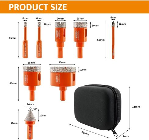 Diamond Core Drill Bit Kit BGTEC Hole Saw Tile Cutter for Porcelain Tile Ceramic Marble Brick, 8pcs Triangle Shank 6/6/20/25/35/50mm+20mm Diamond Chamfer Finger Bit+6mm Carbide Tip Drill Bits in Saudi Arabia