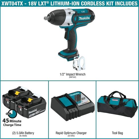 ماكيتا XWT04TX 18V LXT ليثيوم أيون لاسلكي 1/2 بوصة مربعة. طقم مفتاح ربط الصدمات (5.0 أمبير)، in Saudi Arabia