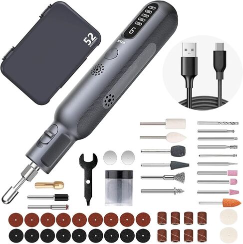 مجموعة ادوات دوارة لاسلكية ببطارية ليثيوم ايون 8 فولت من 52 قطعة، اداة دوارة صغيرة بـ6 سرعات 30000 دورة في الدقيقة للصنفرة والتلميع والحفر والنقش والحرف اليدوية in Kuwait