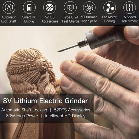 مجموعة ادوات دوارة لاسلكية ببطارية ليثيوم ايون 8 فولت من 52 قطعة، اداة دوارة صغيرة بـ6 سرعات 30000 دورة في الدقيقة للصنفرة والتلميع والحفر والنقش والحرف اليدوية in Kuwait
