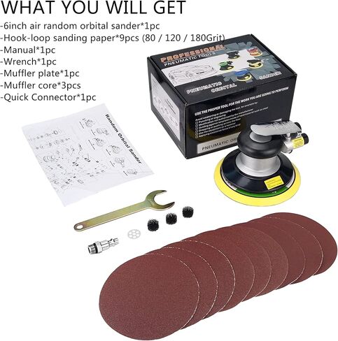 جهاز تلميع هوائي مزدوج الحركة من Ouya مقاس 6 بوصة يعمل بالهواء بشكل عشوائي مع 9 قطع من أقراص الصنفرة in Kuwait