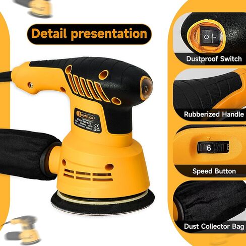 ماكينة صنفرة مدارية عشوائية 3.0 أمبير مع 20 قطعة من ورق الصنفرة و6 سرعات متغيرة 12000 دورة في الدقيقة ماكينة صنفرة كهربائية، ماكينة صنفرة يدوية 5 بوصة بنظام جمع الغبار عالي الأداء لأعمال النجارة in Kuwait