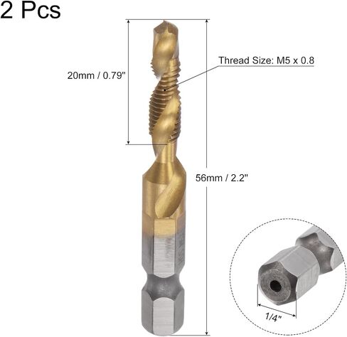 uxcell Combination Drill and Tap Bit, 1/4" Hex Shank M8 x 1.25 Metric Titanium Coated High Speed Steel 4341 Spiral Flute Drilling Tapping Tool 2pcs in Saudi Arabia