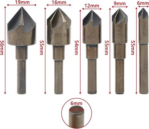 Rowiz 5pcs 1/4, 3/8, 1/2, 5/8, 3/4 Countersink Drill Bit Set 82 Degree Five Edge Chamfer Cutter for Wood Plastic Metal Quick Change Bits in Saudi Arabia
