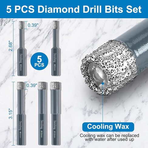 Dry Diamond Hole Saw Drill Bits Set 5 PCs （5mm/6mm/8mm/10mm/12mm） for Granite Ceramic Marble Tile Stone Glass Hard Materials in Kuwait