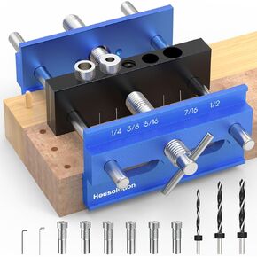 Housolution Dowel Jig, 6" Extra Length Self Centering Dowel Jig Kit With 6 Drill Guide Bushings, Adjustable Width Drill Jig for Straight Holes Biscuit Joiner Set, Woodworking Joints Tools (Blue)