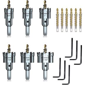 6-pc TCT Hole Saw Kit, Tungsten Carbide Tipped Hole Saws Heavy Duty for Stainless Steel Metal, Bit Size 3/4" 7/8" 1" 1-1/8" 1-3/8" 1-1/2", with 6 Extra Pilot Drill Bits in Separate Storage Cases in Kuwait