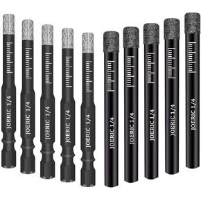 JOERIC Black 1/4" Dry Diamond Drill Bits Set, 10 PCS 6mm Diamond Core Drill Bit with Storage Bottle for Granite Marble Tile Ceramic Stone Glass (Not for Wood), Including hex Shank and Round Shank in Kuwait