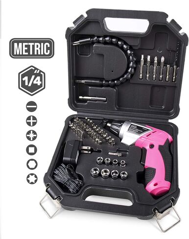 Apollo Tools Lightweight Cordless Screwdriver Set Includes Rechargeable 3.6 Volt Li-ion Screwdriver and 45 Piece Accessory Set in Black Carrying Case- Pink Ribbon- Pink - DT4944P in Saudi Arabia