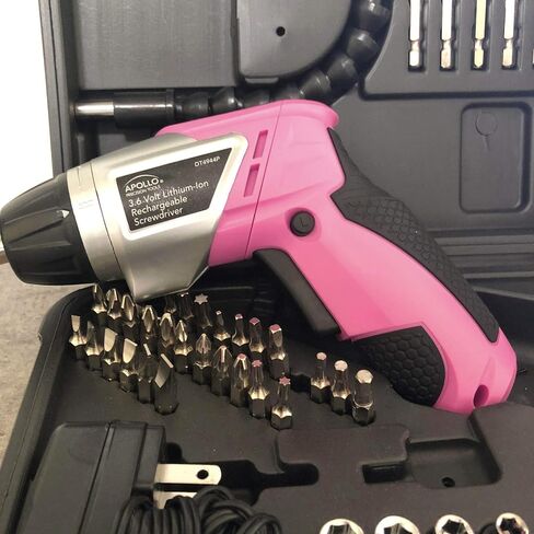 Apollo Tools Lightweight Cordless Screwdriver Set Includes Rechargeable 3.6 Volt Li-ion Screwdriver and 45 Piece Accessory Set in Black Carrying Case- Pink Ribbon- Pink - DT4944P in Saudi Arabia