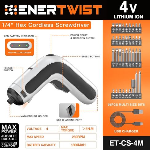 مفك كهربائي ENERTWIST لاسلكي 4 فولت بحد أقصى 6 نانومتر مع ملحقات 36 قطعة، مصباح ليد مدمج، كابل شحن USB، ET-CS-4M in Kuwait