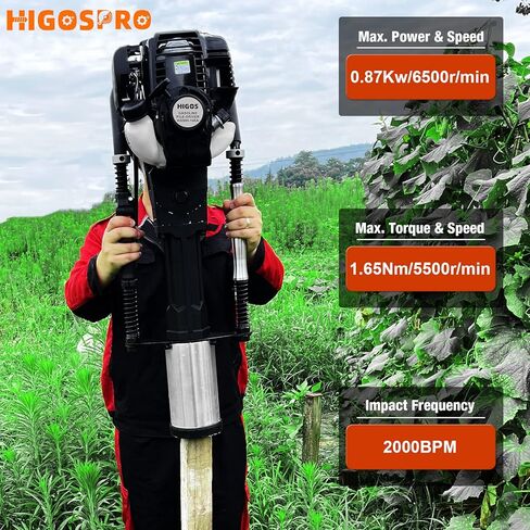 HIGOSPRO تعمل بالغاز 4-السكتة الدماغية T Post Driver Hammer Drills، 37.7CC محرك البنزين محرك كومة، 8700W تبريد الهواء اسطوانة واحدة، آلة أداة سياج حديقة البنزين البنزين مع 2 رأس القيادة in Kuwait