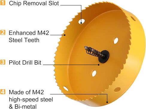 منشار ثقب 6-1/4 بوصة، قاطع ثقب ثنائي المعدن 159 مم HSS، منشار ثقب للإضاءة المريحة، يمكن إضاءة العلبة، لوح كي، ألواح ثقب الذرة، خشب رقائقي، أصفر in Kuwait