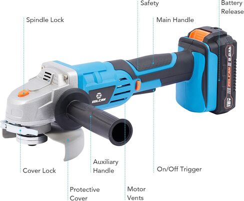 أداة طحن الزوايا اللاسلكية من ZELCAN، مطحنة زاوية بحد أقصى 18 فولت مع بطارية وشاحن 5 بوصات أقراص صنفرة تلميع ومقبض مساعد in Kuwait