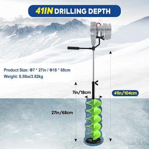 Goture Ice Drill Auger, 7" Diameter Nylon Ice Auger, 41" Length Ice Auger Bit,Auger Drill with 19.6" Extension Rod,Auger Bit with Ice Spoon,Handbag for Ice Fishing in Saudi Arabia