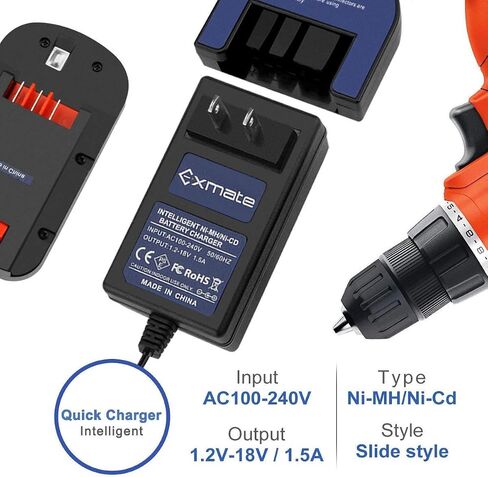 شاحن Exmate Multivolt 1.2V-18V لبلاك اند ديكر 9.6V 12V 14.4V 18V Ni-MH Ni-Cd Slide-in Style Battery HPB12 HPB18 HPB14 HPB18-OPE FSB18 FSB14 FS12B HPB96 FSB96 (ليس لبطارية ليثيوم أيون) in Saudi Arabia