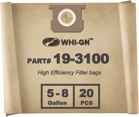 أكياس WHI-GN 19-3100 Shop Vac، متوافقة مع مكانس ستانلي الرطبة/الجافة سعة 5-8 جالون (20 عبوة) in Kuwait