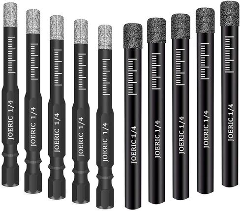 JOERIC Black 1/4" Dry Diamond Drill Bits Set, 10 PCS 6mm Diamond Core Drill Bit with Storage Bottle for Granite Marble Tile Ceramic Stone Glass (Not for Wood), Including hex Shank and Round Shank in Kuwait