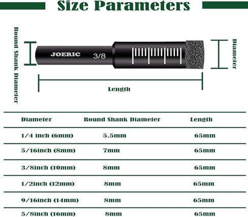 JOERIC Black 1/4" Dry Diamond Drill Bits Set, 10 PCS 6mm Diamond Core Drill Bit with Storage Bottle for Granite Marble Tile Ceramic Stone Glass (Not for Wood), Including hex Shank and Round Shank in Kuwait